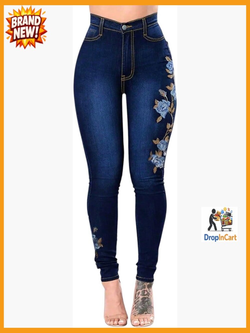 High Rise Skinny Jeans Floral Embroidered Stretch Streetwear Bottoms Straight
